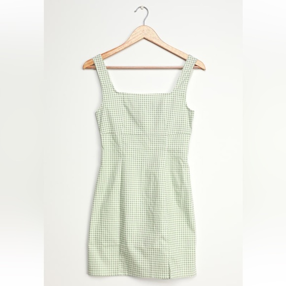 Lulus | Happy Chance Sage Green Gingham Square Neck Mini Dress - Picture 4 of 8